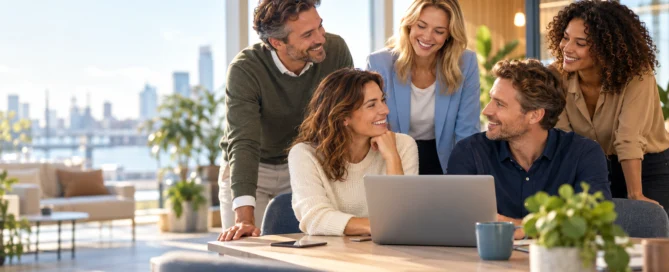 Collega's in overleg rond een laptop